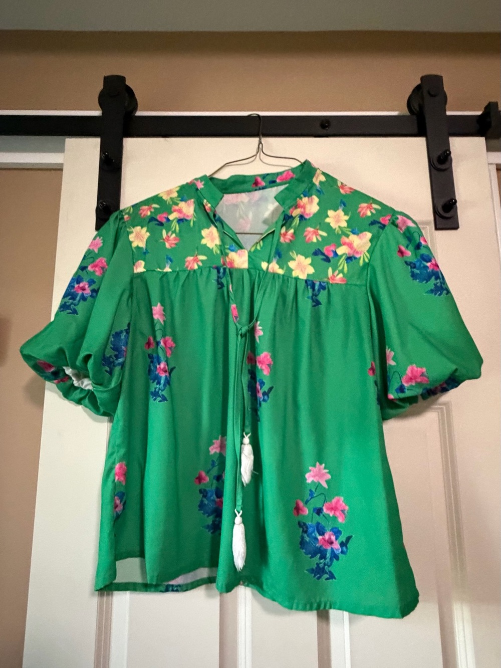Green Floral Tie-Front Women's Blouse with Tassels